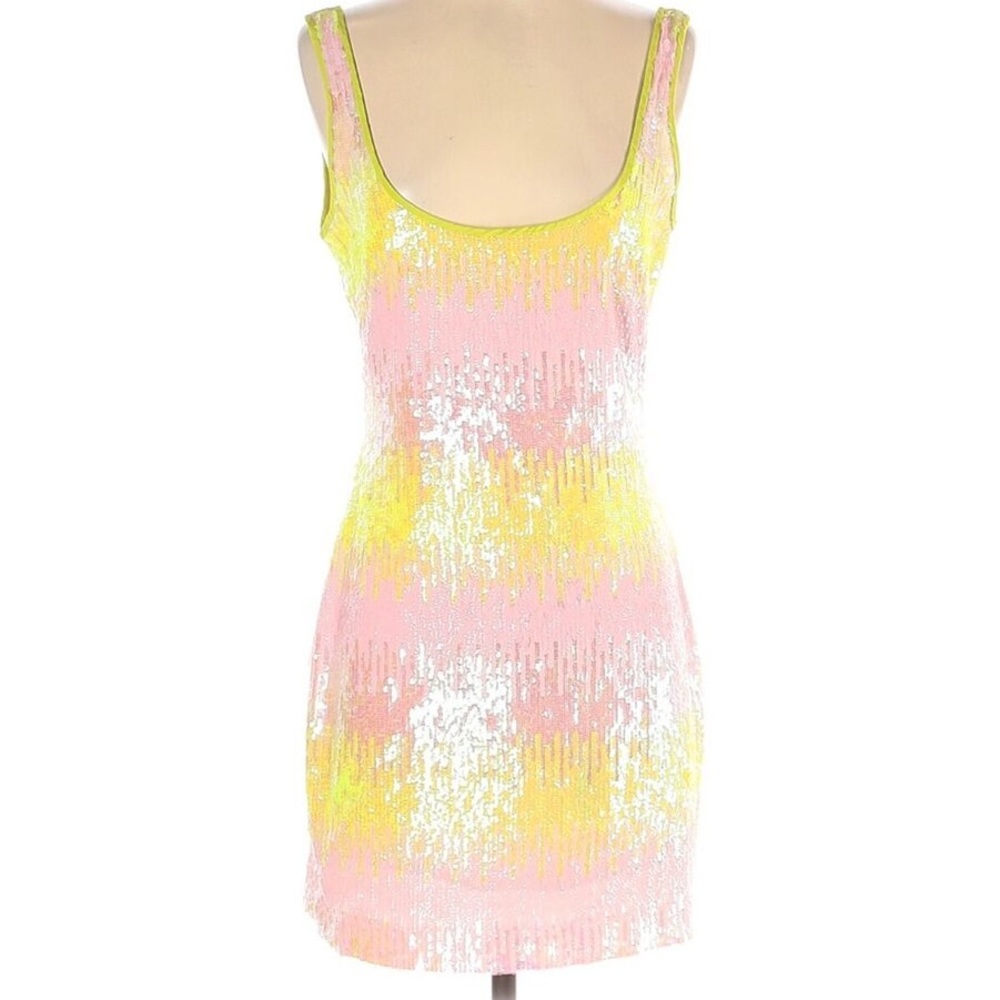 Naeem Khan Pink & Yellow Iridescent Sequin Low Open Back Mini Dress size 6